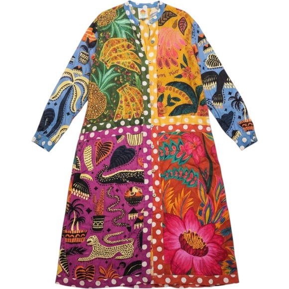FARM Rio Dresses & Skirts - Farm Rio Mixed Prints Midi Shirt Dress Patchwork Tropical Floral Button Front M